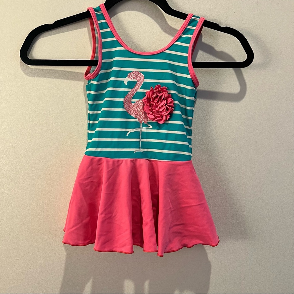 Flamingo one pice with skirt girl bathing suit